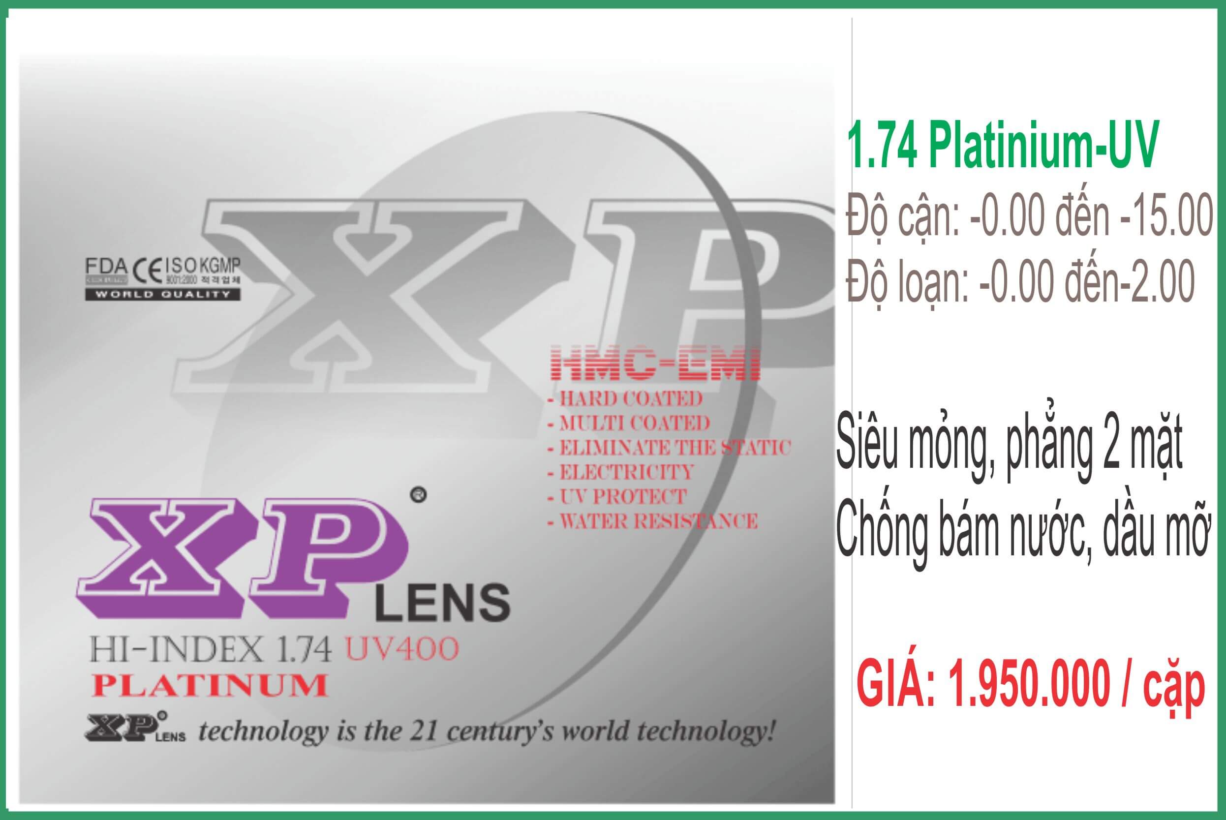 Tròng kính XPLens 1.74 Platinum siêu mỏng