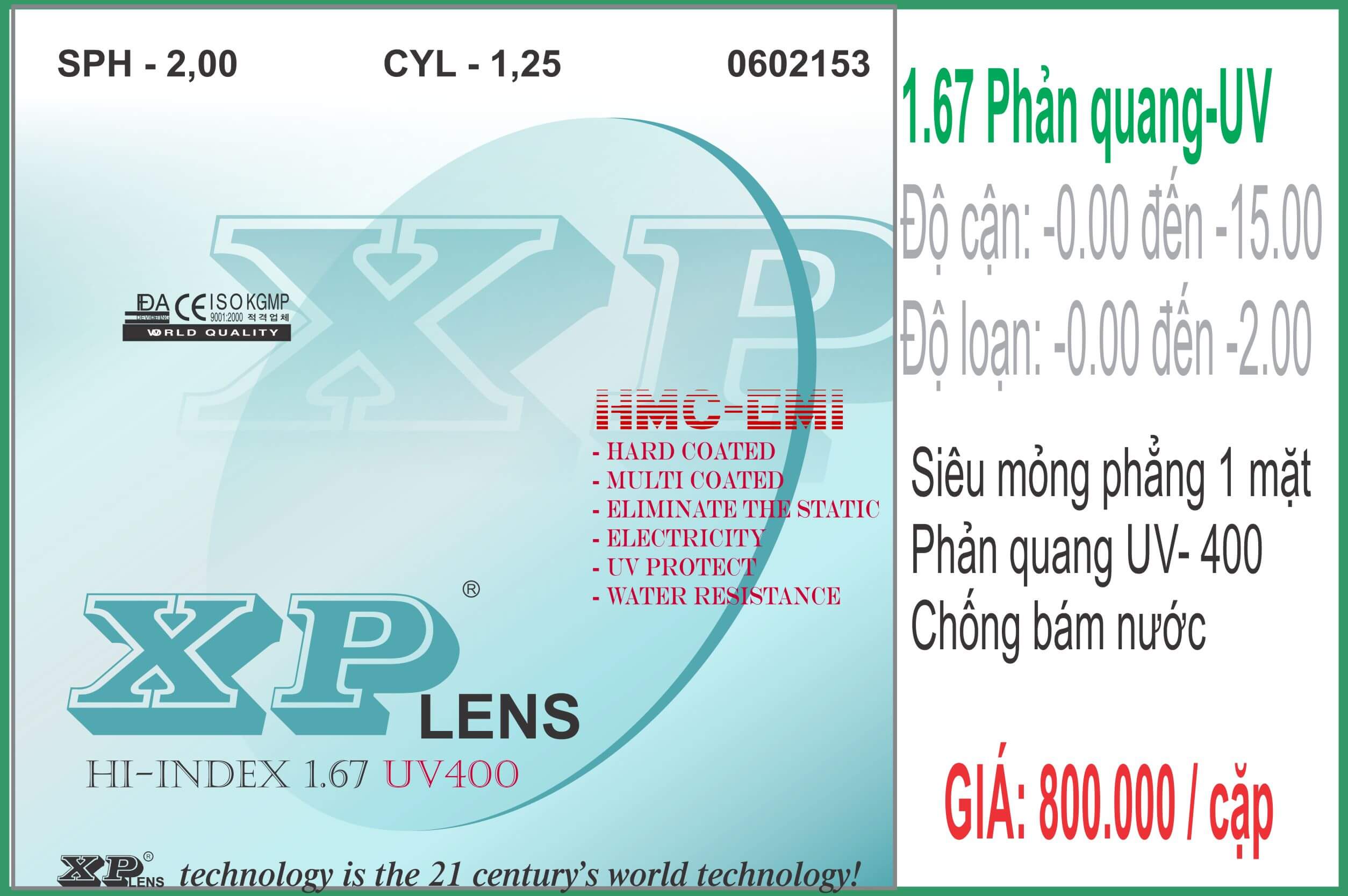 Tròng kính XPLens 1.67 Super Hydrophobic