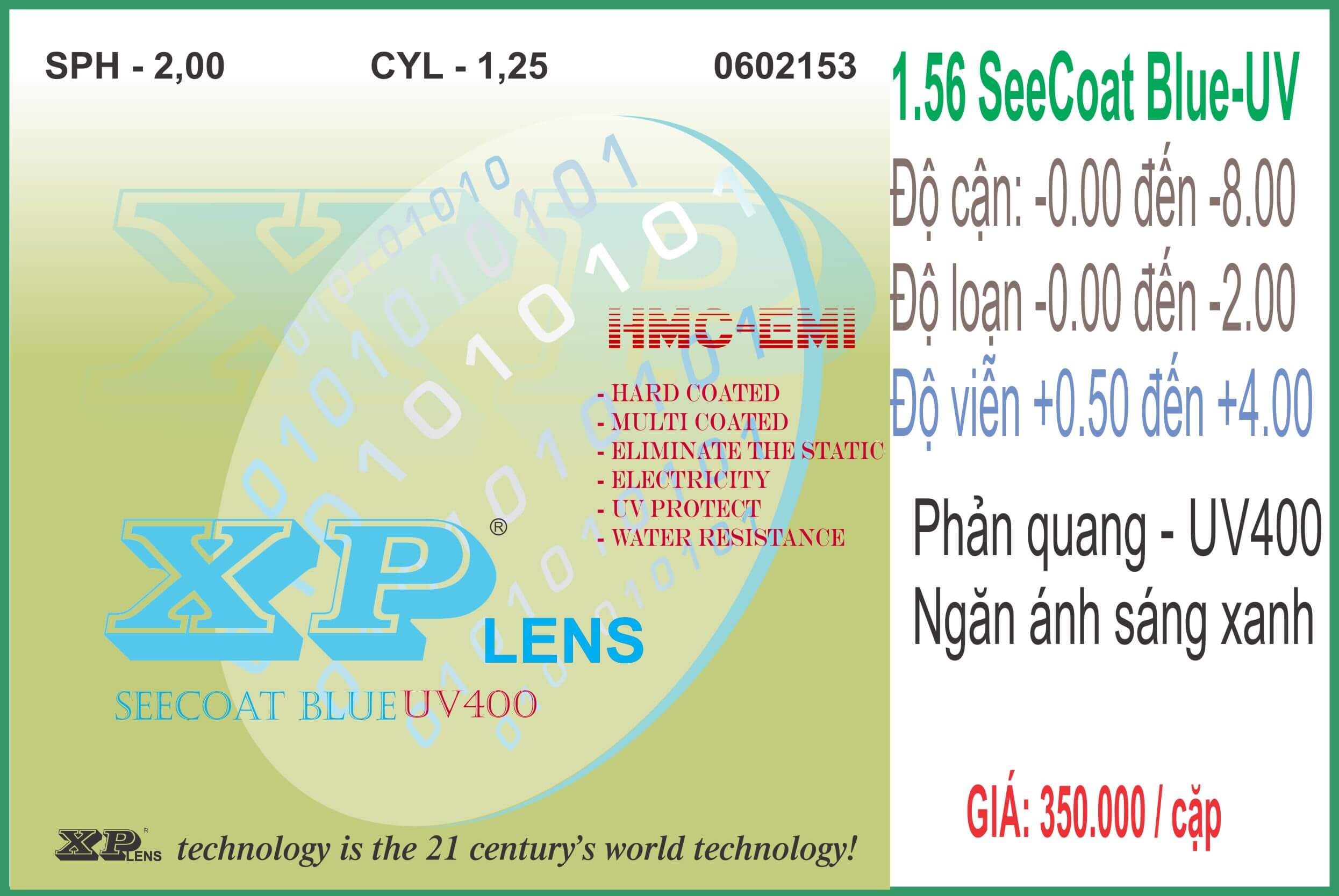 Tròng kính XPLens 1.56 lọc ánh sáng xanh UV400