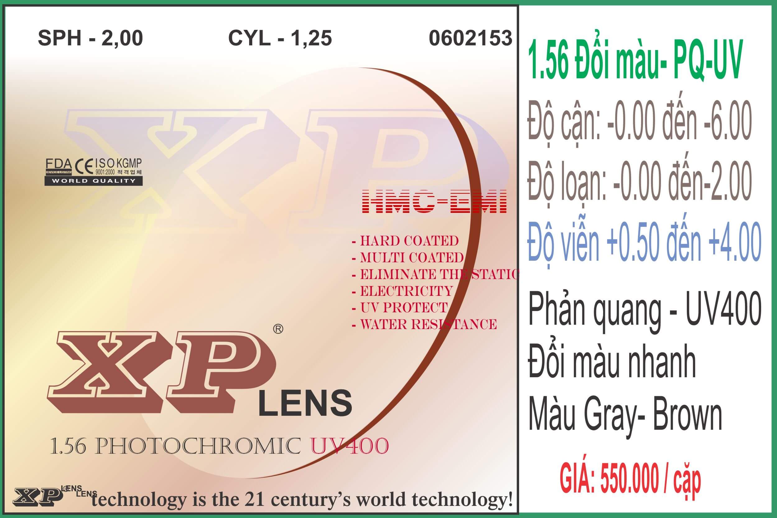 Tròng kính XPLens 1.56 đổi màu UV400